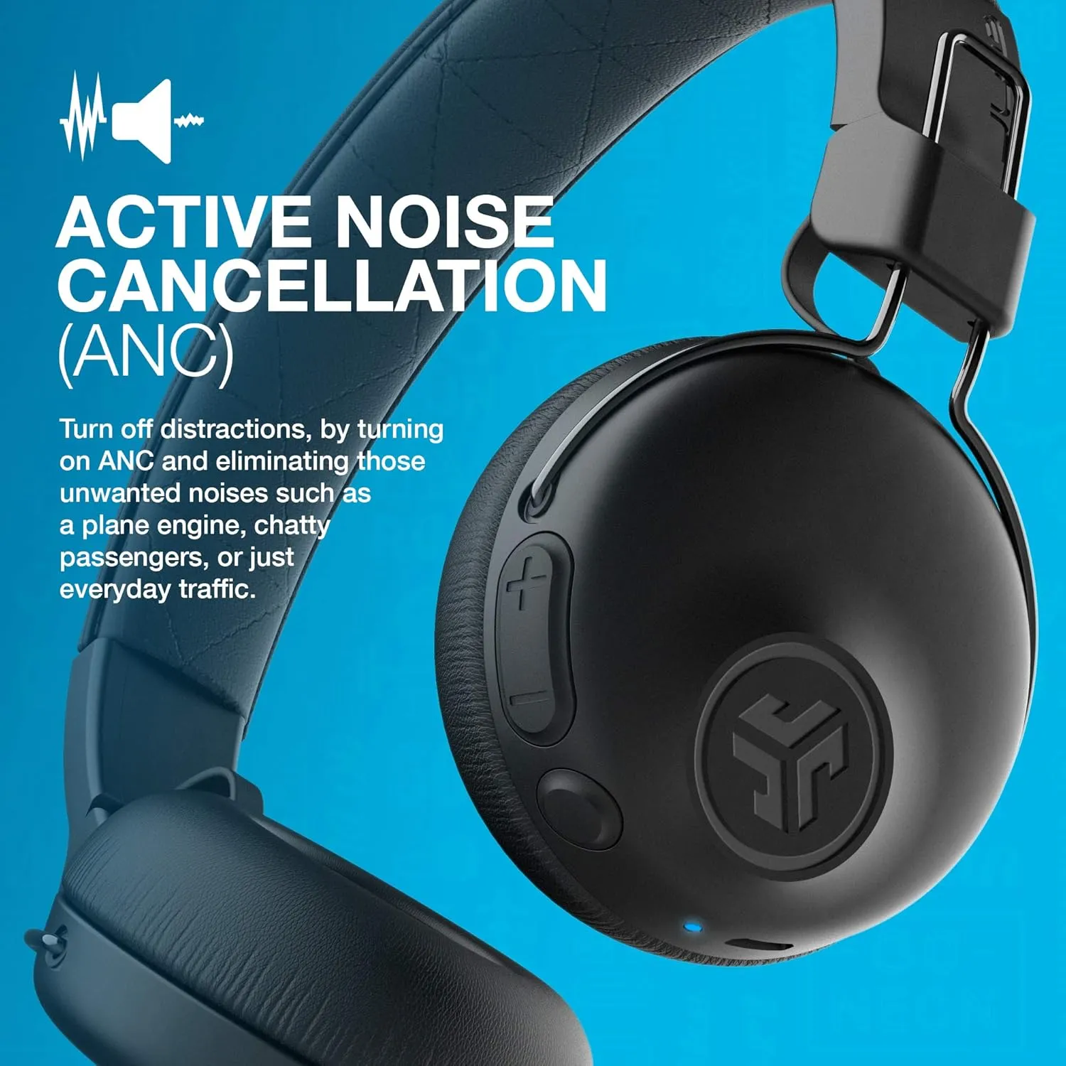 JLab Studio ANC On-Ear Wireless Headphones, Black, 34  Hour Bluetooth 5 Playtime, 28  Hour with Active Noise Cancellation, EQ3 Custom Sound, Ultra-Plush Faux Leather & Cloud Foam Cushions