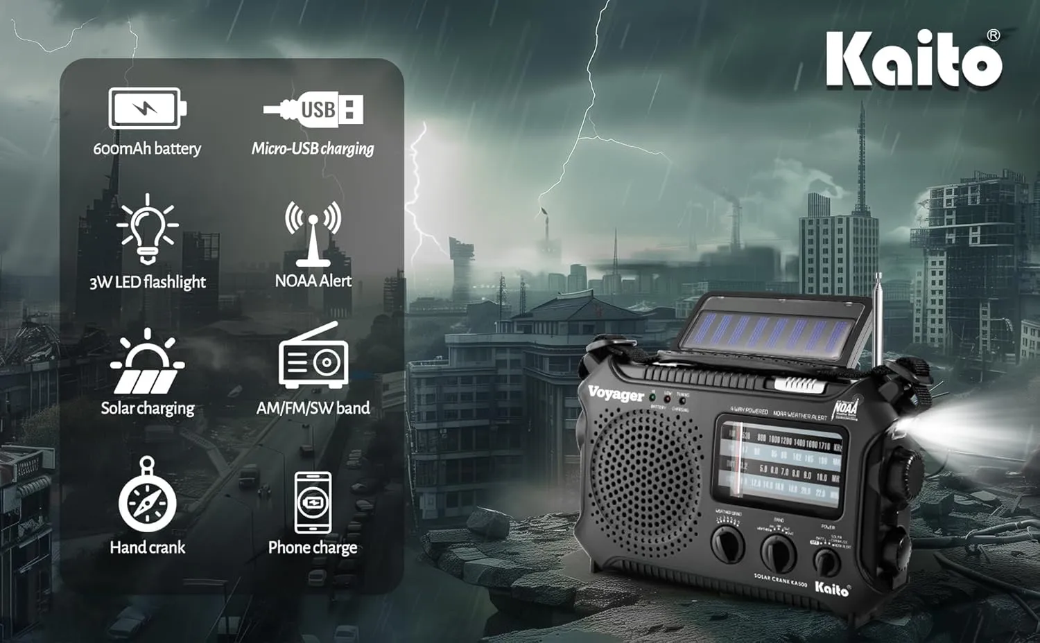 Kaito KA500 5-way Powered Emergency AM/FM/SW NOAA Weather Alert Radio with Solar,Dynamo Crank,Flashlight and Reading Lamp, Color Black