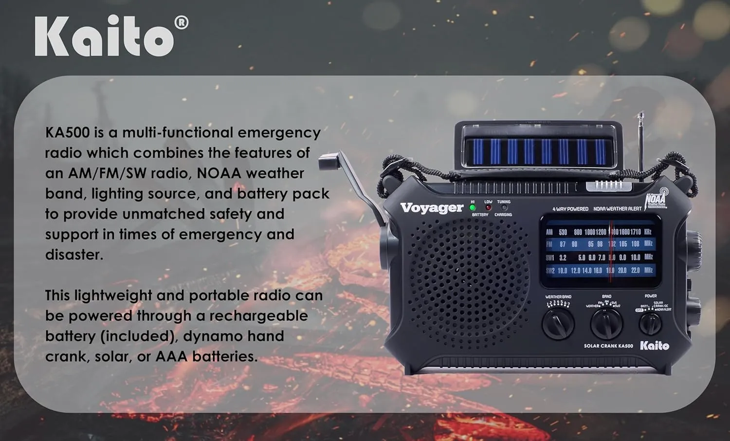 Kaito KA500 5-way Powered Emergency AM/FM/SW NOAA Weather Alert Radio with Solar,Dynamo Crank,Flashlight and Reading Lamp, Color Black