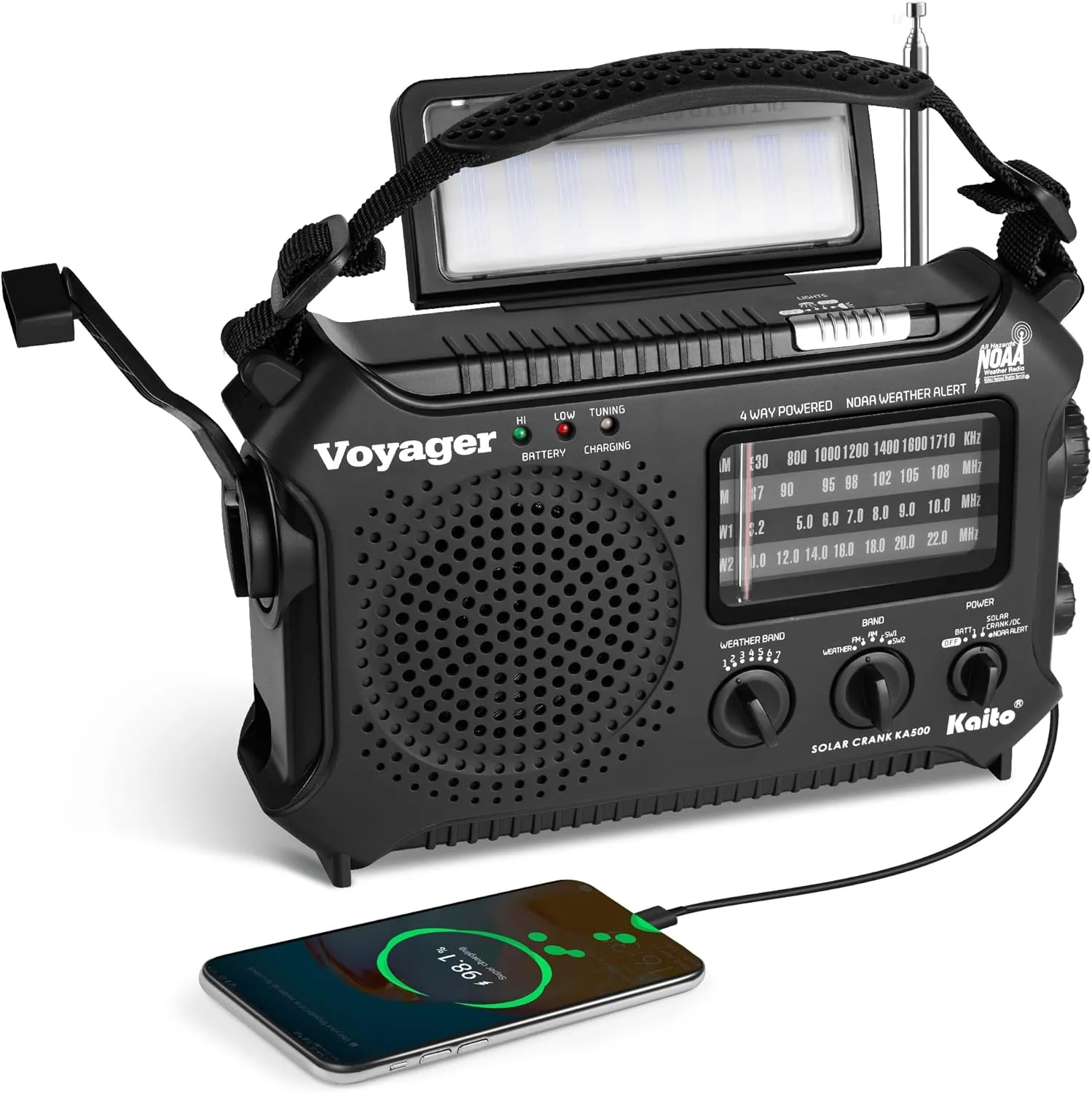 Kaito KA500 5-way Powered Emergency AM/FM/SW NOAA Weather Alert Radio with Solar,Dynamo Crank,Flashlight and Reading Lamp, Color Black