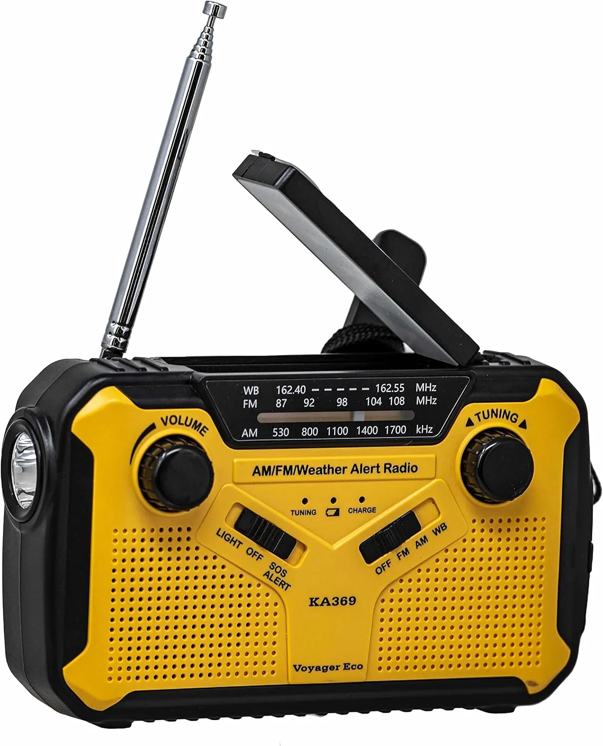 Kaito Voyager ECO Emergency Radio KA369 AM/FM NOAA Weather Alert 5-Way Powered Solar Crank Radio Receiver with LED Flashlight and USB Mobile Phone Charger Yellow