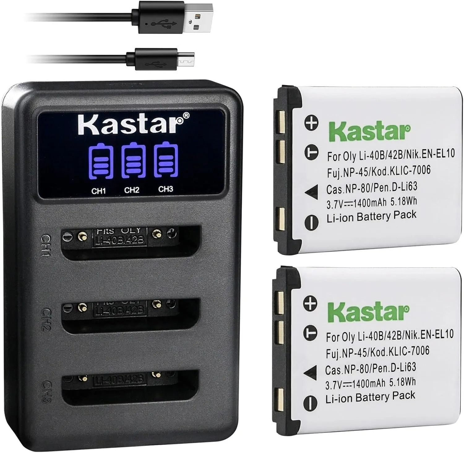 Kastar 2 Pack Battery and LCD Triple USB Charger Compatible with Sealife Reefmaster DC-1200, DC1200, DC-1400, DC1400, DC-600, DC600, Tevion SZ 7, Z1400, Voigtländer Vitolux S100, S80