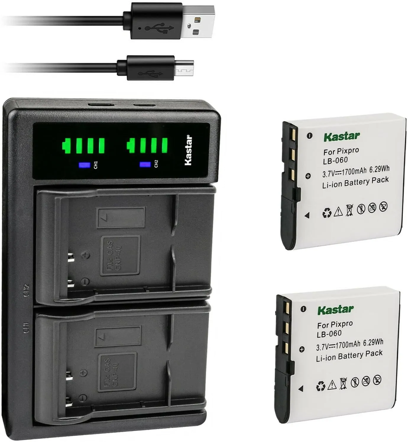 Kastar 2-Pack Battery and LTD2 USB Charger Replacement for Kodak LB-060 LB060 Battery, Kodak PixPro AZ525, PixPro AZ526, PixPro AZ527, PixPro AZ528 Digital Camera, Minolta MN53Z 16MP FHD Bridge Camera