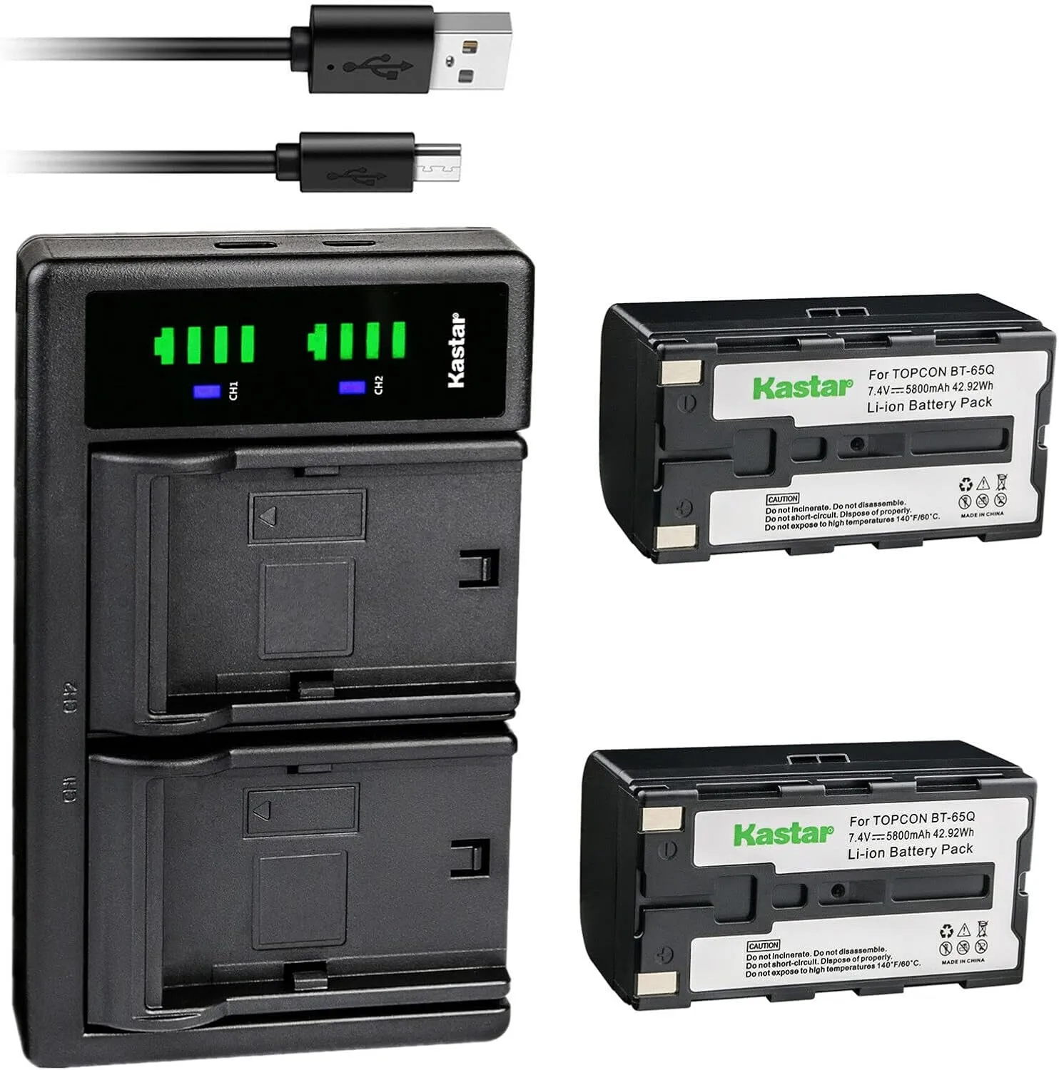 Kastar 2-Pack Battery and LTD2 USB Charger Replacement for Topcon BT-60Q, BT-61Q, BT-62Q, BT-65Q, BT-66Q, GMS-2 Survey Instrument Total Station Battery, Topcon BC-30, BC-30D, BT-30 Charger