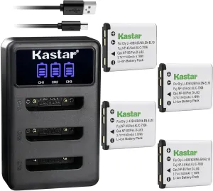 Kastar 4 Pack Battery and LCD Triple USB Charger Compatible with Praktica Luxmedia 3-Oct, 4-Dec, 12-Z, 12-Z4, 12-Z4TS, 12-Z5, 14-04, 14-Z4, 14-Z4TS, 14-Z50, 14-Z50S, 14-Z51, 14-Z80, 14-Z80S, 16-Z51