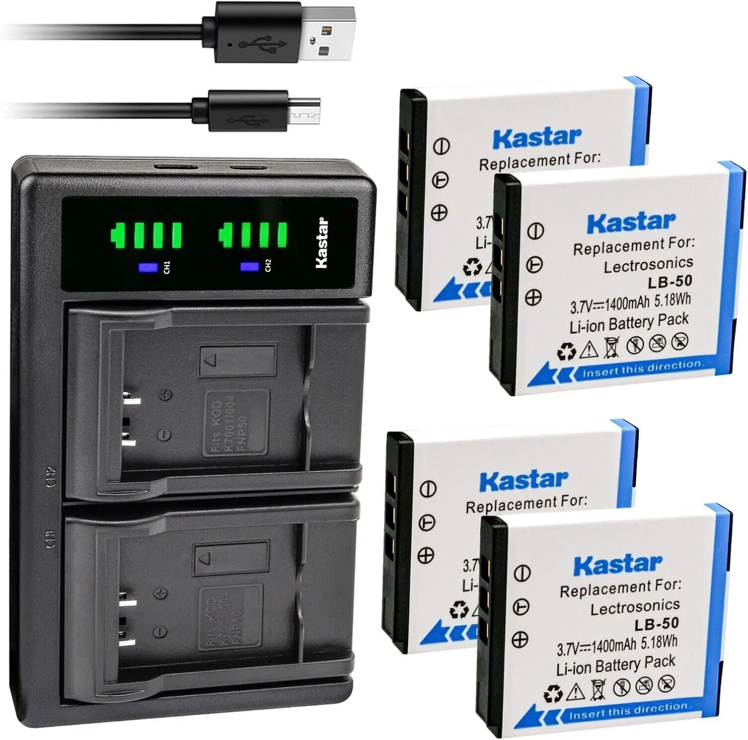 Kastar 4-Pack Battery and LTD2 USB Charger Compatible with Lectrosonics LB-50 Battery, Lectrosonics 40117, Lectrosonics SSM Transmitter & IFBR1B Receiver, IFBR1B Bodypack Receiver