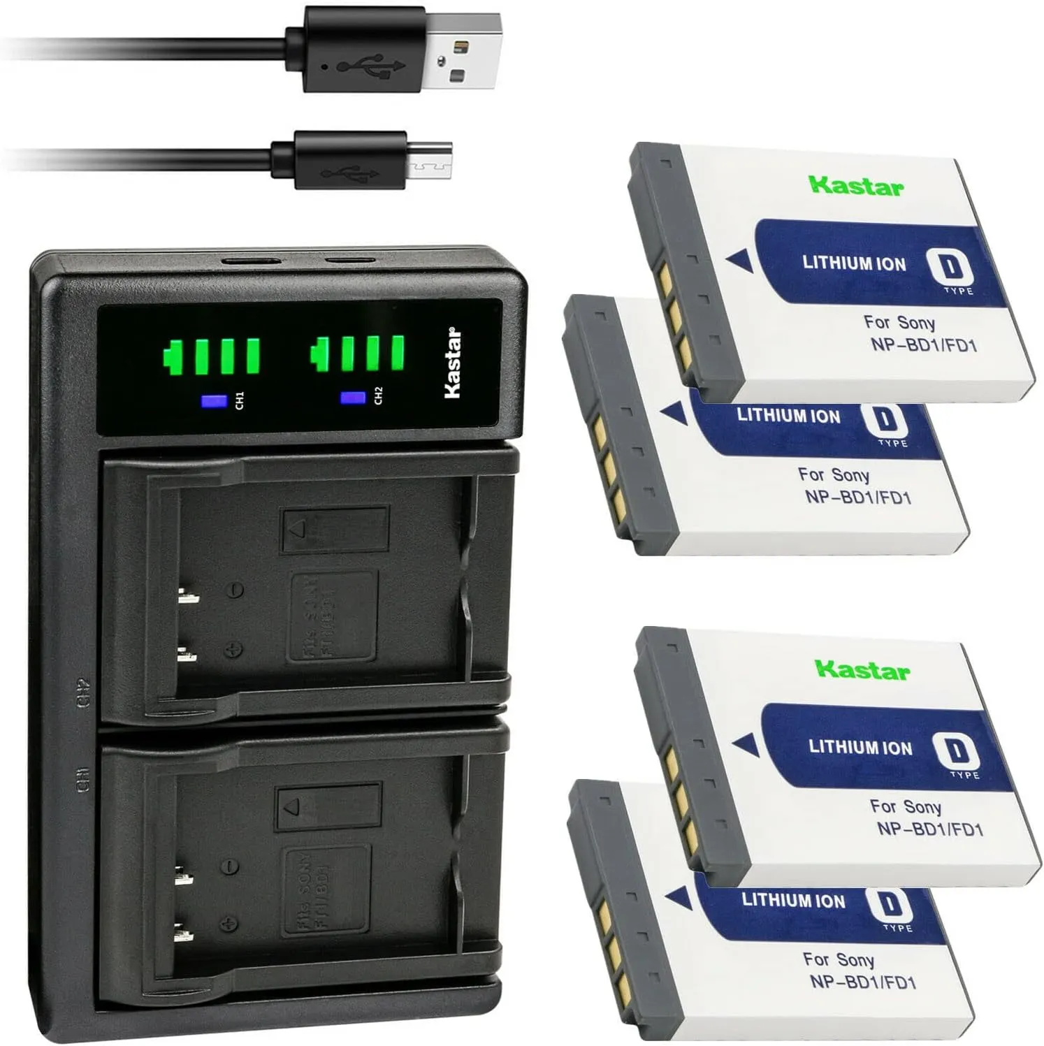 Kastar 4-Pack Battery and LTD2 USB Charger Compatible with Sony NP-BD1 Battery, BC-CSD BC-CS3 Charger, Sony Cyber-Shot DSC-T77, Cyber-Shot DSC-T90, Cyber-Shot DSC-T200, Cyber-Shot DSC-T300 Cameras