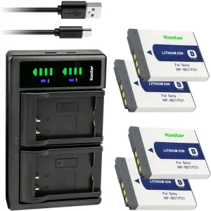 Kastar 4-Pack Battery and LTD2 USB Charger Compatible with Sony NP-BD1 Battery, BC-CSD BC-CS3 Charger, Sony Cyber-Shot DSC-T77, Cyber-Shot DSC-T90, Cyber-Shot DSC-T200, Cyber-Shot DSC-T300 Cameras