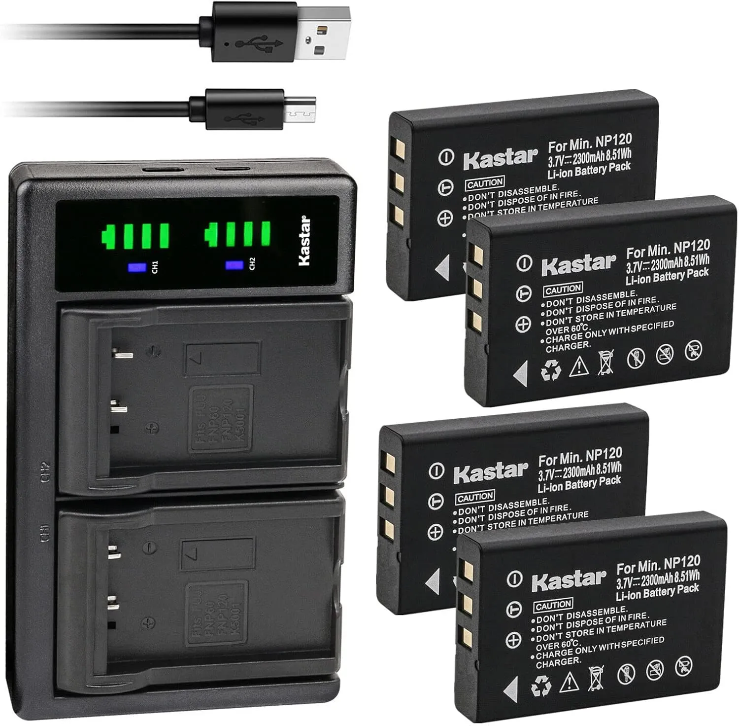 Kastar 4-Pack Battery and LTD2 USB Charger Replacement for Fujifilm NP-120, NP-120B, FNP120, Toshiba NP-120, PX1657, PENTAX D-LI7, RICOH DB-43, CONTAX BP-1500S, KYOCER BP-1500S Battery