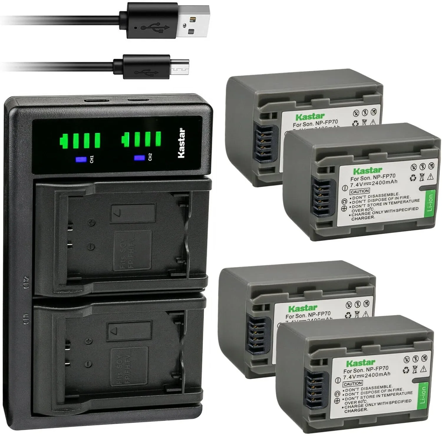 Kastar 4-Pack Battery NP-FP70/FP71 and LTD2 USB Charger Compatible with Sony NP-FP30, NP-FP50 NP-FP51, NP-FP60, NP-FP70 NP-FP71, NP-FP90 NP-FP91 Battery, BC-TRP/TRH/TRV, BC-VH1, AC-VQH10 Charger