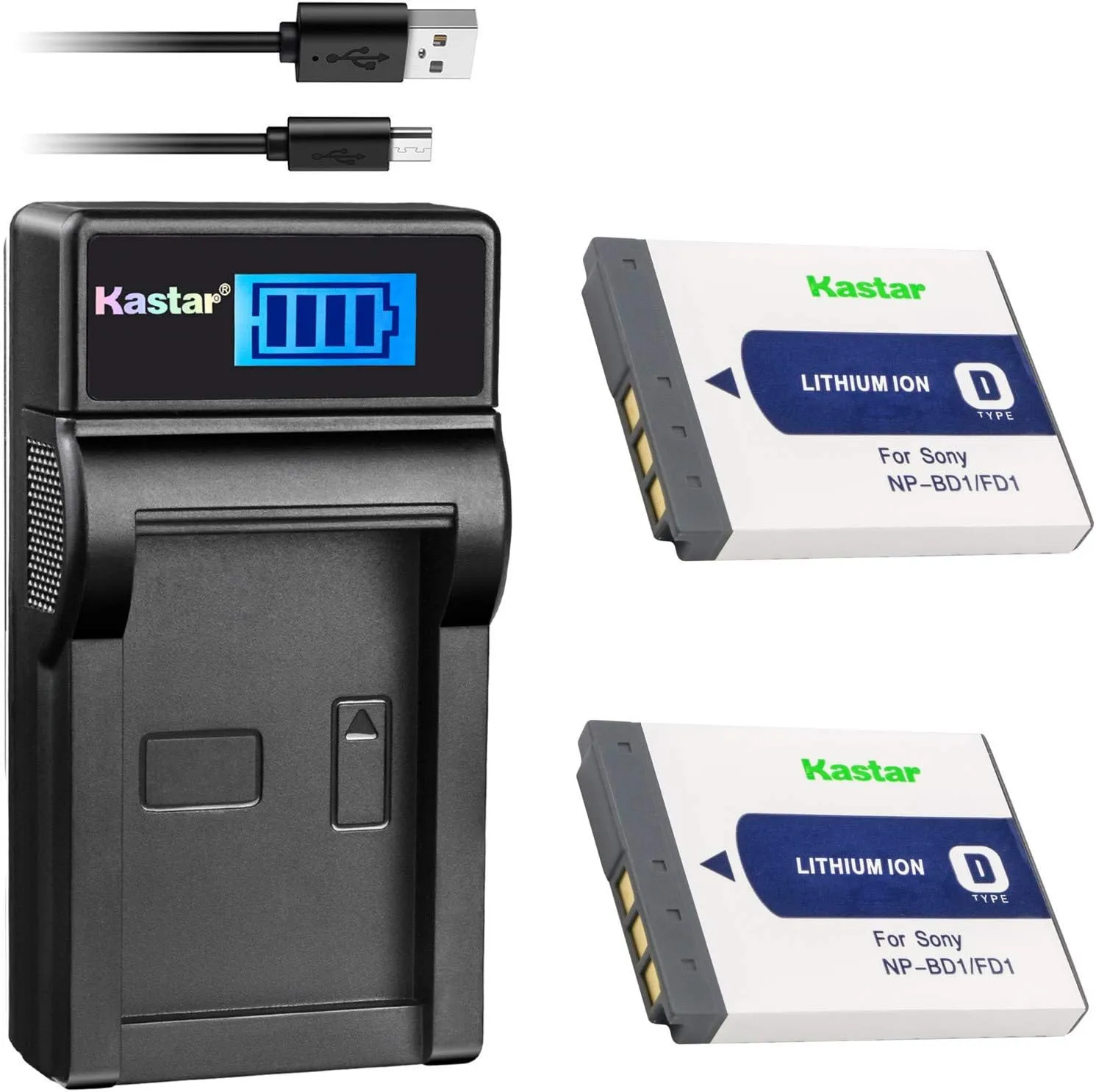 Kastar Battery (X2) & LCD Charger for Sony NP-BD1, NP-FD1, NPBD1 NPFD1 and Sony Cyber-shot DSC-G3, DSC-T2, DSC-T70, DSC-T75, DSC-T77, DSC-T90, DSC-T200, DSC-T300, DSC-T500, DSC-T700, DSC-T900, DSC-TX1