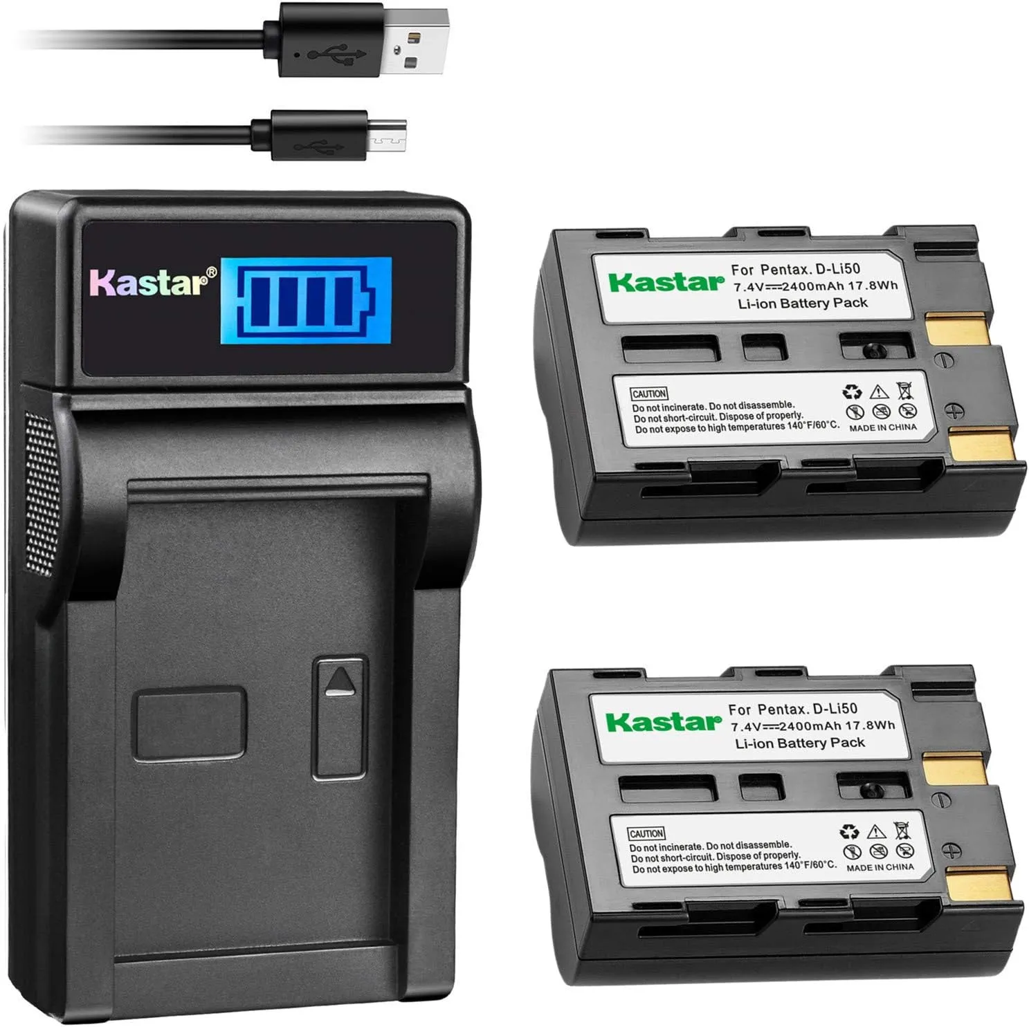 Kastar Battery (X2) & LCD Slim USB Charger for Pentax D-Li50 and Pentax K10 K10D K20 K20D Konica Minolta NP-400 Sigma BP-21 A-5 A-7 Dimage A1 A2 Dynax Maxxum 5D 7D Samsung SLB-1647 GX-10/20 Sigma SD1