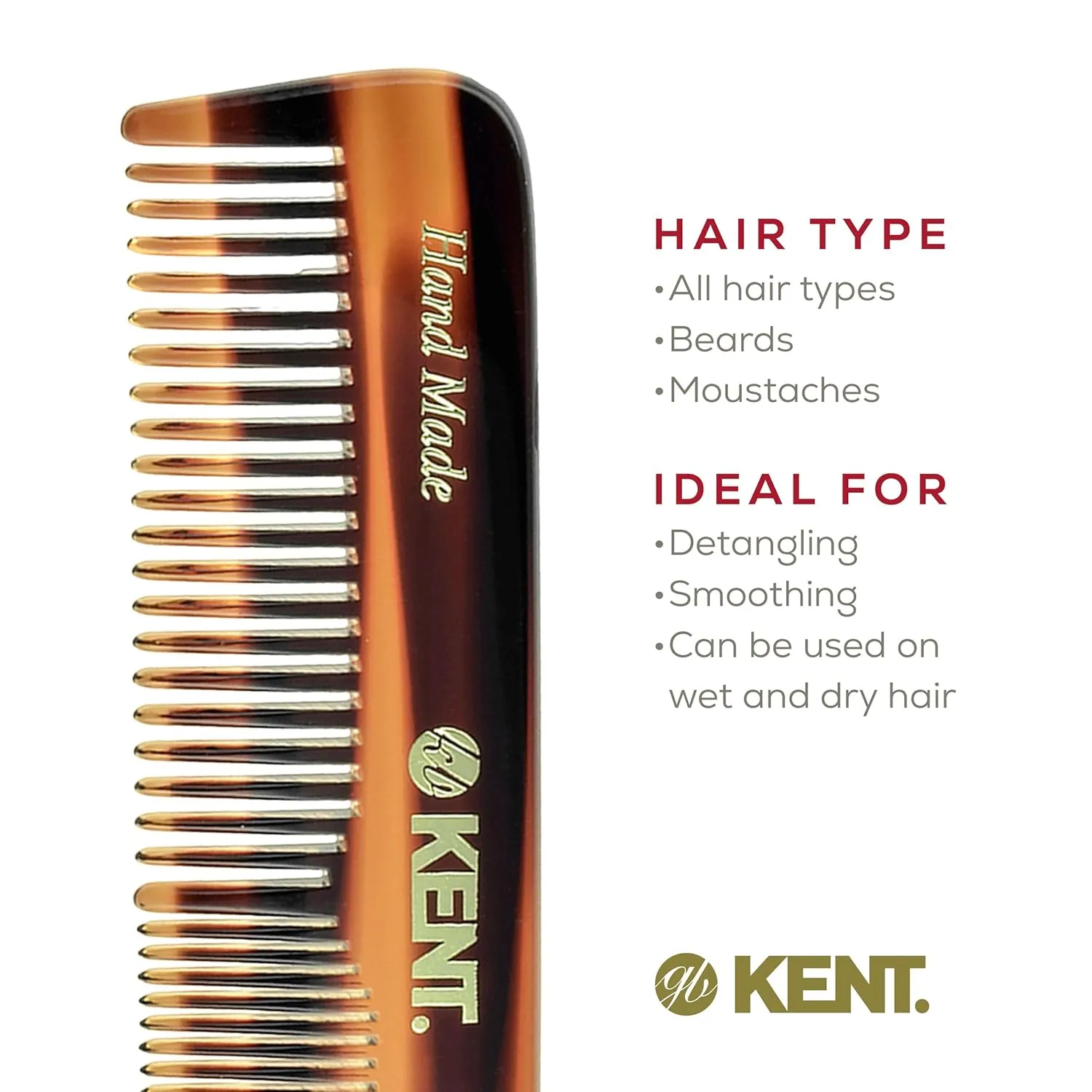 Kent OT Pocket Comb - 4.4" Fine and Wide Tooth Handmade Hair Comb for Men, Travel, Beard, Mustache, Women and Kids - Saw Cut and Hand Polished