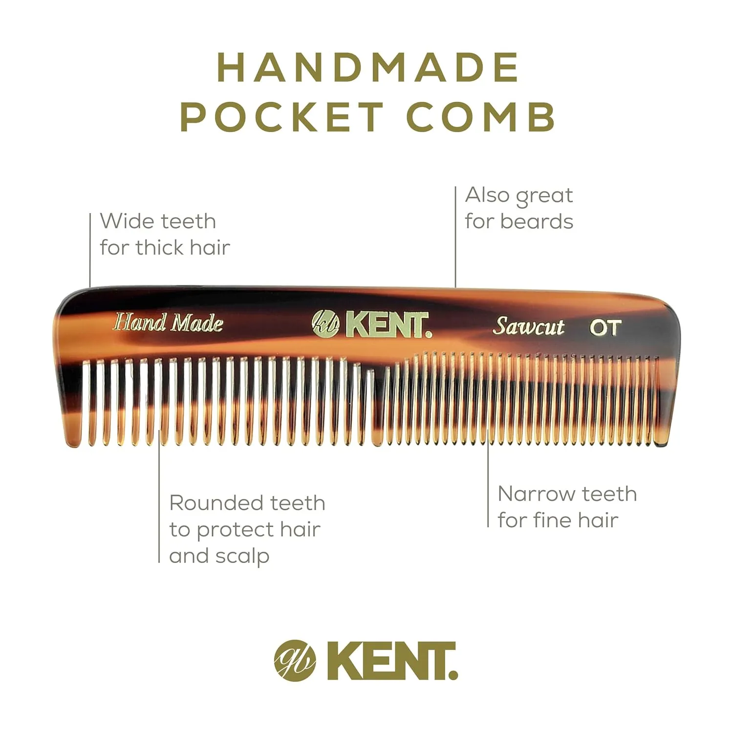 Kent OT Pocket Comb - 4.4" Fine and Wide Tooth Handmade Hair Comb for Men, Travel, Beard, Mustache, Women and Kids - Saw Cut and Hand Polished