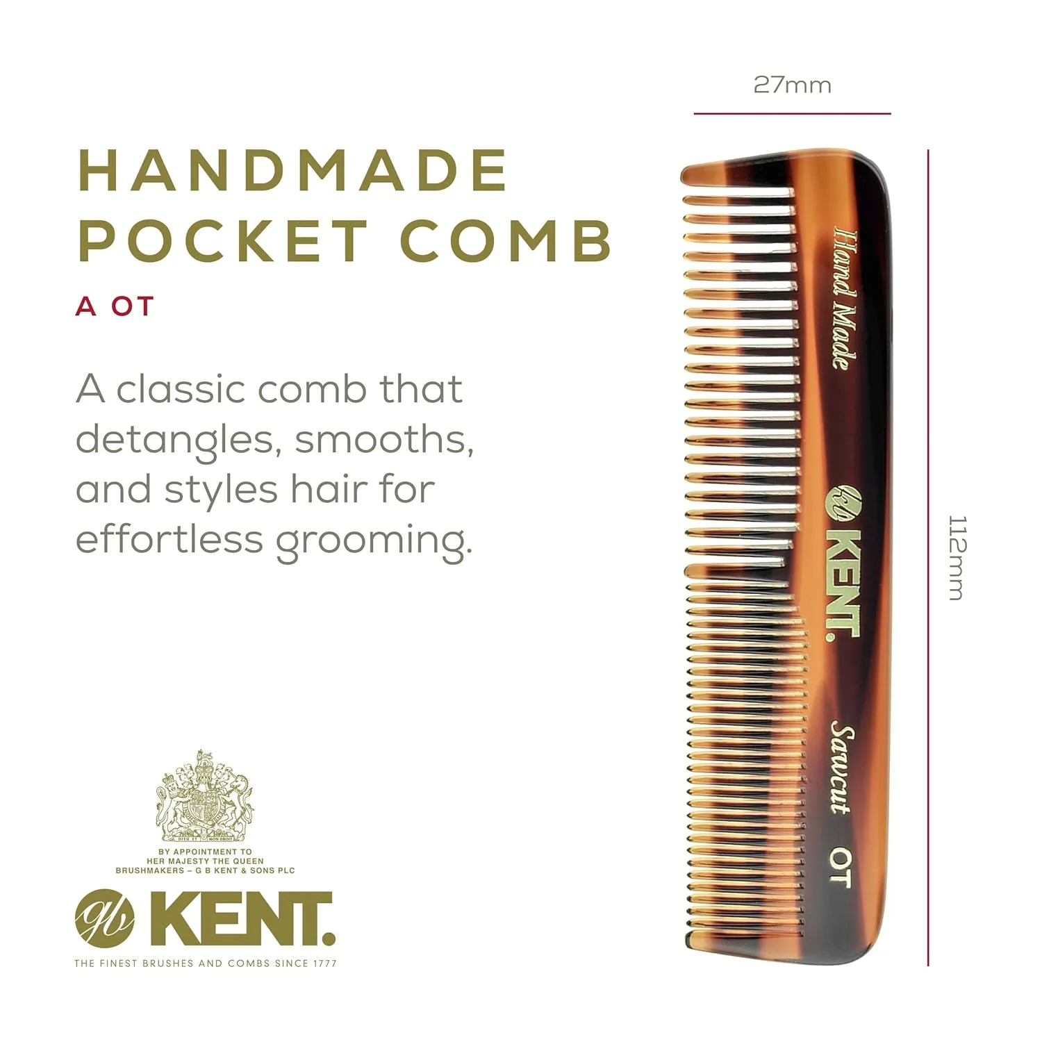 Kent OT Pocket Comb - 4.4" Fine and Wide Tooth Handmade Hair Comb for Men, Travel, Beard, Mustache, Women and Kids - Saw Cut and Hand Polished