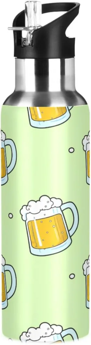 Kigai Cartoon Beer Insulated Water Bottle with Straw Lid BPA-Free 20 oz Double Wall Vacuum Stainless Steel Leakproof Sports Water Bottle for Travel Fitness Gym