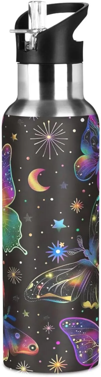 Kigai Colorful Butterfly Insulated Water Bottle with Straw Lid BPA-Free 20 oz Double Wall Vacuum Stainless Steel Leakproof Sports Water Bottle for Travel Fitness Gym