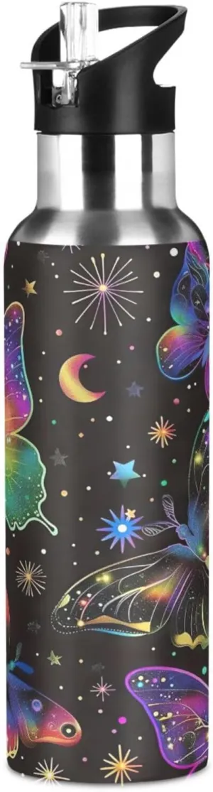 Kigai Colorful Butterfly Insulated Water Bottle with Straw Lid BPA-Free 20 oz Double Wall Vacuum Stainless Steel Leakproof Sports Water Bottle for Travel Fitness Gym