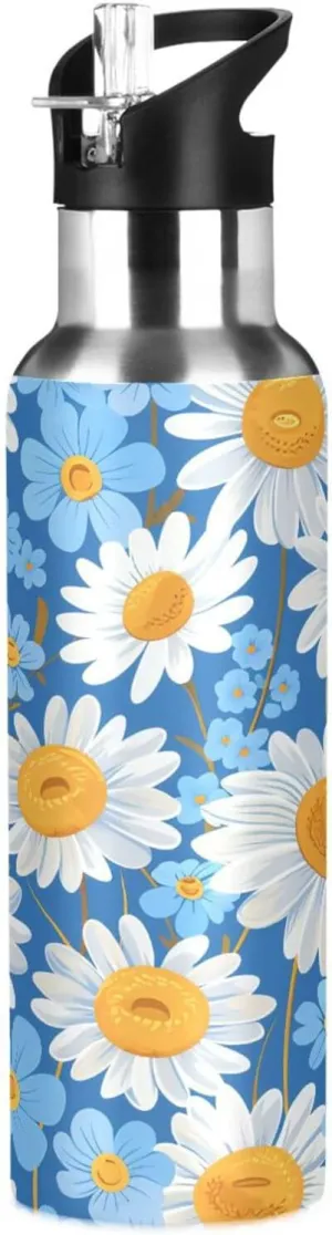 Kigai Daisies Insulated Water Bottle with Straw Lid BPA-Free 20 oz Double Wall Vacuum Stainless Steel Leakproof Sports Water Bottle for Travel Fitness Gym