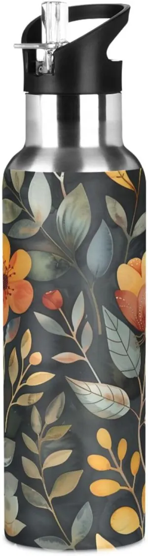 Kigai Watercolor Floral Pattern Insulated Water Bottle with Straw Lid BPA-Free 20 oz Double Wall Vacuum Stainless Steel Leakproof Sports Water Bottle for Travel Fitness Gym