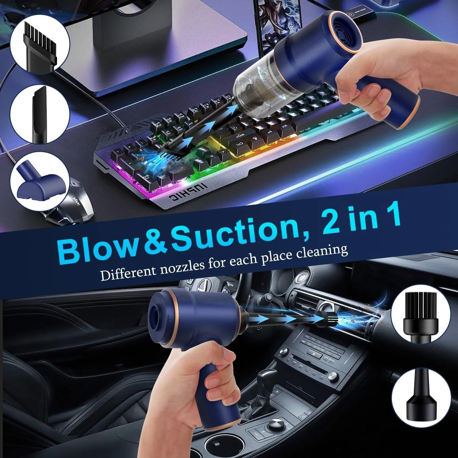 KMM Handheld Car Vacuum Cleaner, 9000Pa Vacuum Cleaner and Air Duster, 120W High Power Hand Held Vacuum with LED Light and Multi-Nozzles for Car, Home, Office, Pet