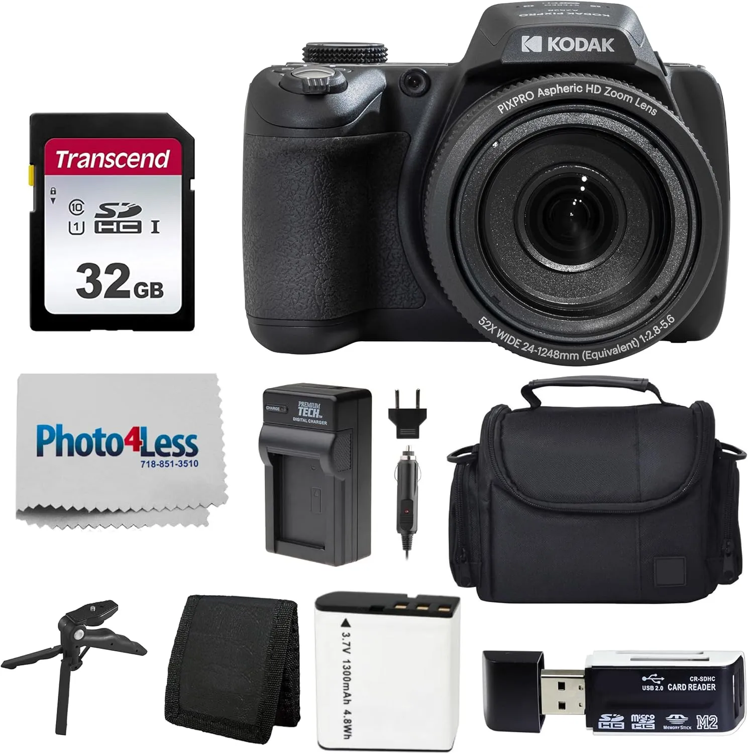 Kodak PIXPRO AZ528 16 MP Full HD Video Digital Camera (Black) with 52x Optical Zoom Bundle with Accessories Including Protective Camera Case, Battery & Charger, 32GB SD Card, Tripod and More