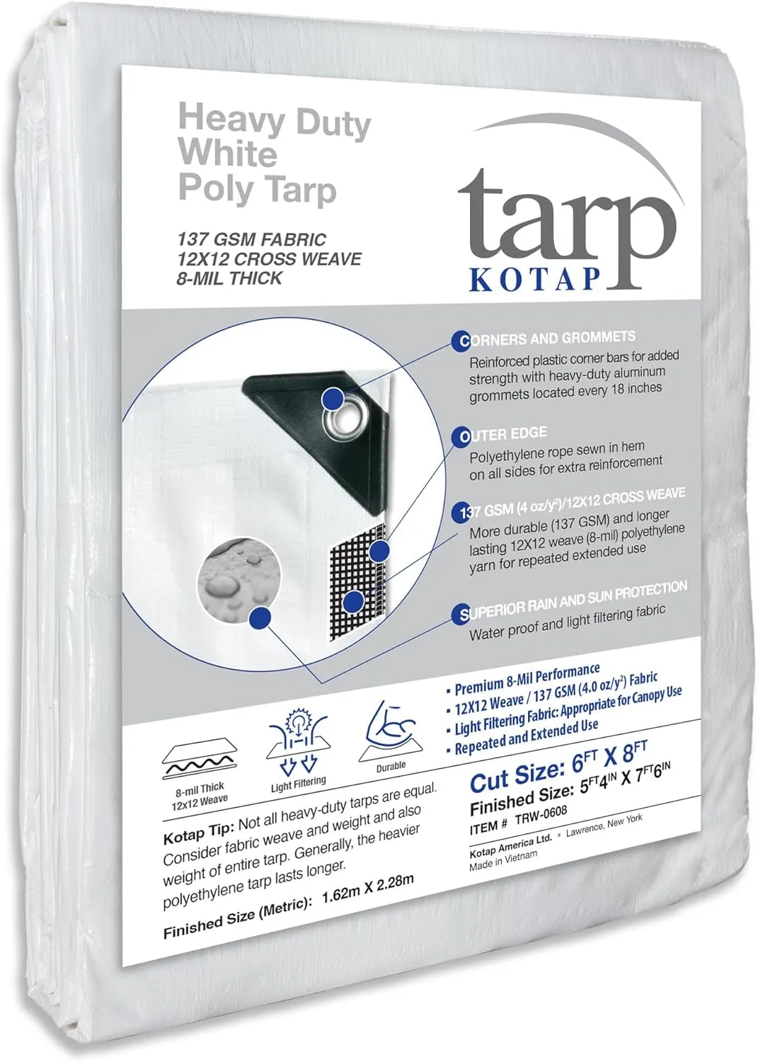 Kotap 6 x 8 Ft. Heavy-Duty Protection/Coverage Tarp, Superior Weave for Greater Longevity 8-mil, Multi-Use, Waterproof, White, 1-Pack (TRW-0608)