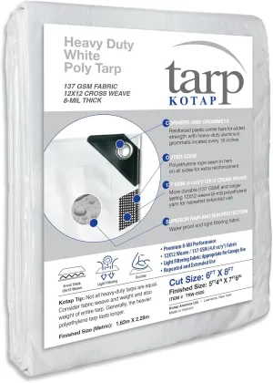 Kotap 6 x 8 Ft. Heavy-Duty Protection/Coverage Tarp, Superior Weave for Greater Longevity 8-mil, Multi-Use, Waterproof, White, 1-Pack (TRW-0608)