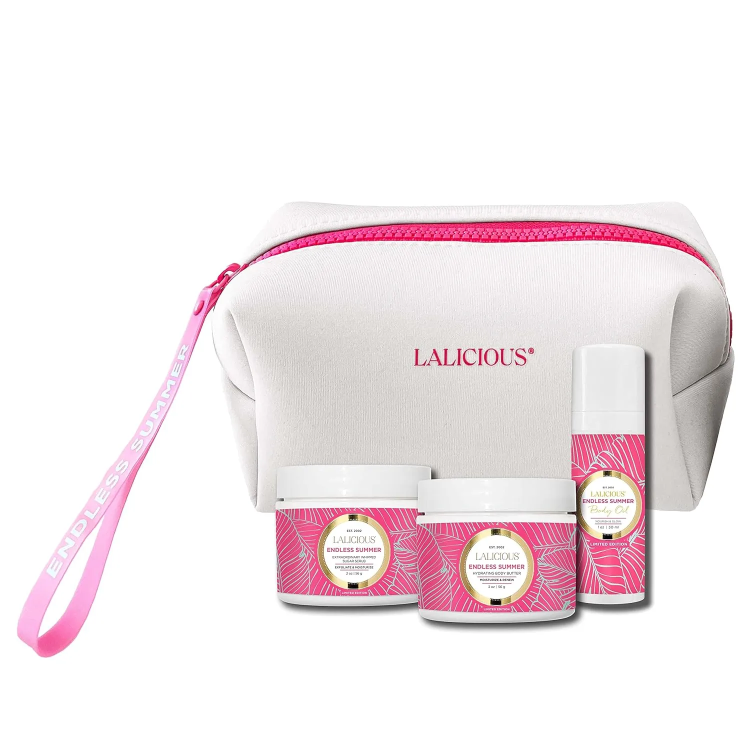 LaLicious Endless Summer Travel Body Care Set - Includes Gentle Body Exfoliator & Sugar Scrub   Hydrating Whipped Body Butter   Moisturizing Body Oil - Glowing Skin Essentials Body Care Kit