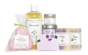 Lavender Medium Gift Set | 2 Bars of Soap, 3 oz Shea Butter Salt Scrub, Soy Candle, 3 Shea Butter Bath Bomb and a slice of handmade glycerin soap all in a ready to gift Nourish package