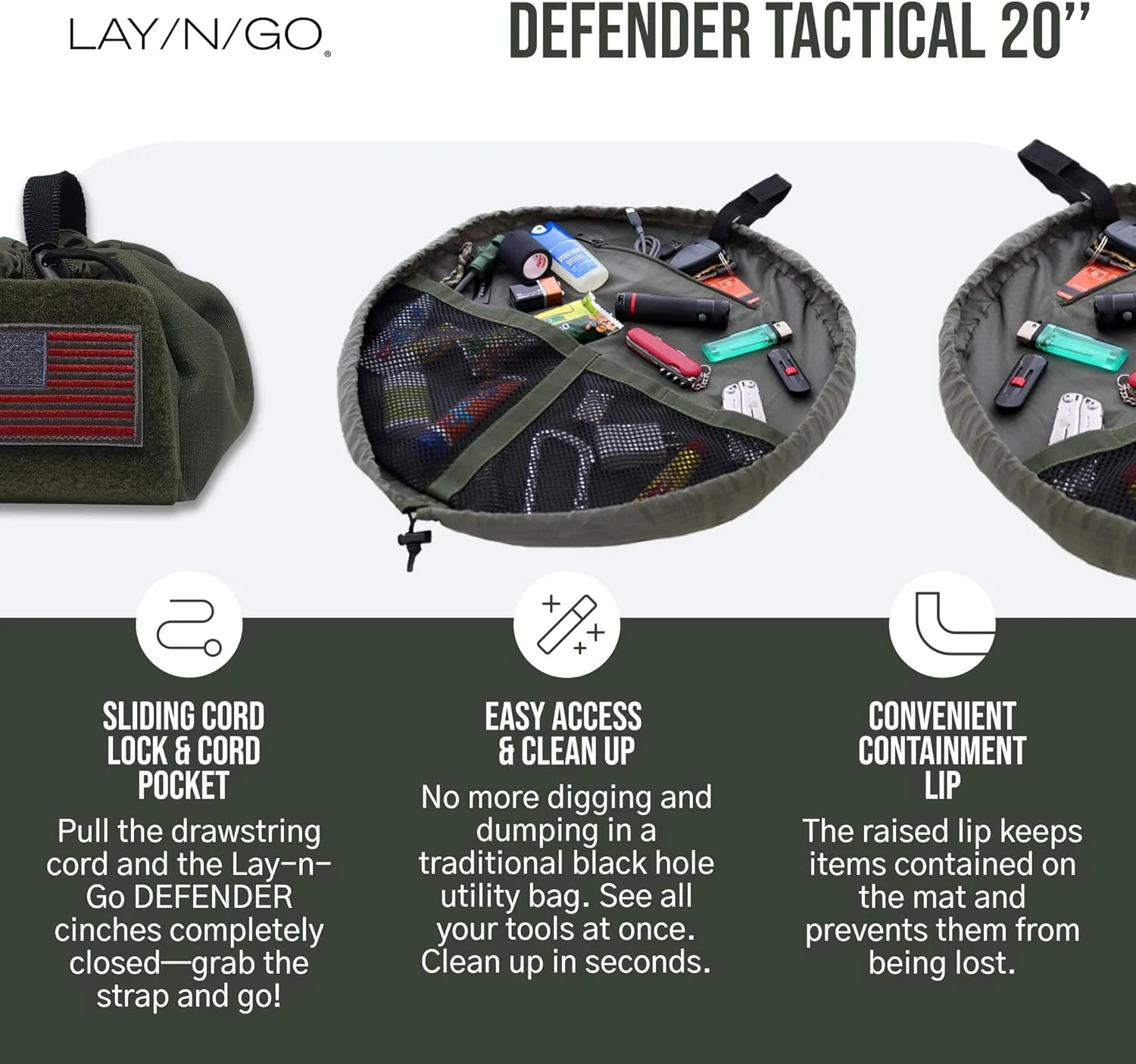 Lay-n-Go Defender Tactical Bag for Gear - Multifunctional Lay-Flat Military Tactical Travel Sack w/Zippered & Mesh Pockets - Water-Resistant, Machine-Washable Utility Tool Bag (20", Green)
