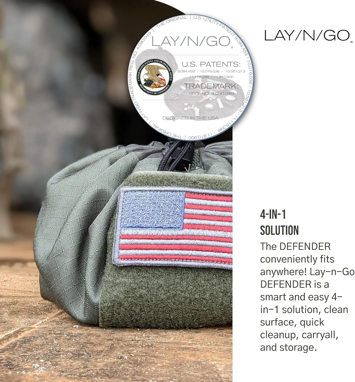 Lay-n-Go Defender Tactical Bag for Gear - Multifunctional Lay-Flat Military Tactical Travel Sack w/Zippered & Mesh Pockets - Water-Resistant, Machine-Washable Utility Tool Bag (20", Green)