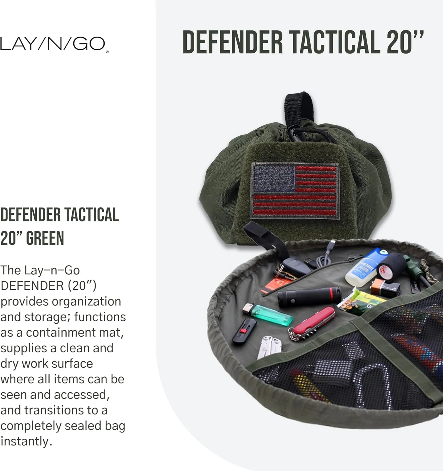 Lay-n-Go Defender Tactical Bag for Gear - Multifunctional Lay-Flat Military Tactical Travel Sack w/Zippered & Mesh Pockets - Water-Resistant, Machine-Washable Utility Tool Bag (20", Green)