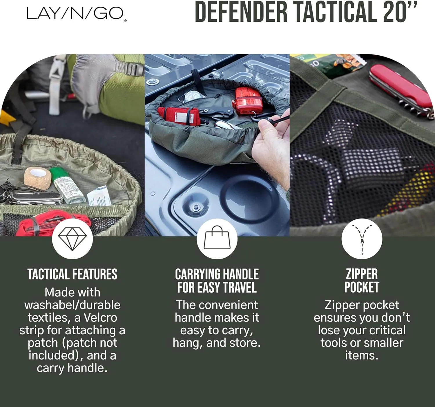 Lay-n-Go Defender Tactical Bag for Gear - Multifunctional Lay-Flat Military Tactical Travel Sack w/Zippered & Mesh Pockets - Water-Resistant, Machine-Washable Utility Tool Bag (20", Green)