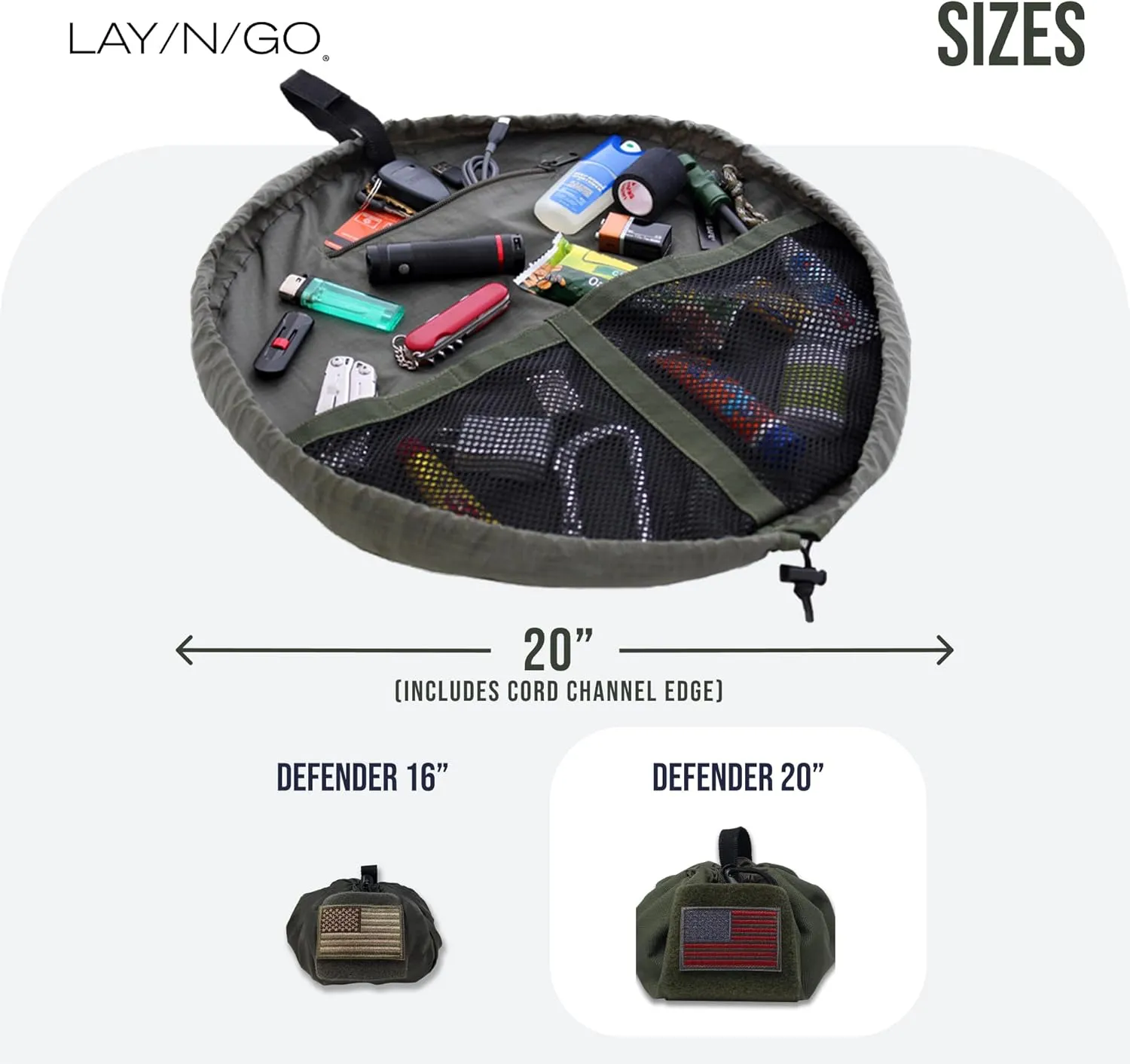 Lay-n-Go Defender Tactical Bag for Gear - Multifunctional Lay-Flat Military Tactical Travel Sack w/Zippered & Mesh Pockets - Water-Resistant, Machine-Washable Utility Tool Bag (20", Green)