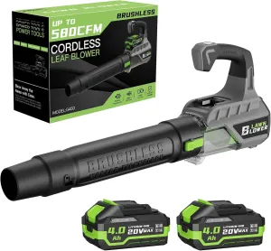Leaf Blower with Brushless Motor, 580CFM/160MPH Leaf Blower Cordless, Electric Lightweight Blower with 2X4.0Ah Batteries and Charger, 2 Speed Modes, for Lawn Care, Patio Cleaning, etc.