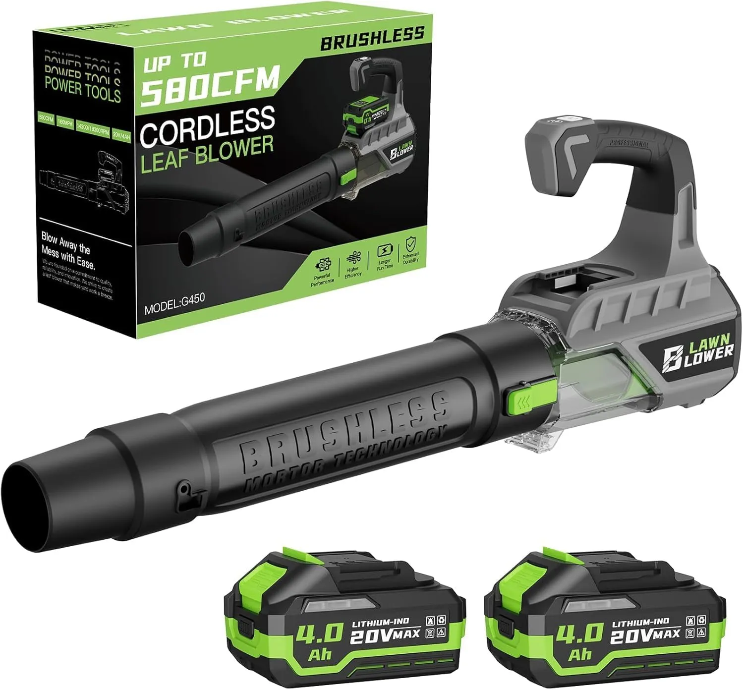 Leaf Blower with Brushless Motor, 580CFM/160MPH Leaf Blower Cordless, Electric Lightweight Blower with 2X4.0Ah Batteries and Charger, 2 Speed Modes, for Lawn Care, Patio Cleaning, etc.