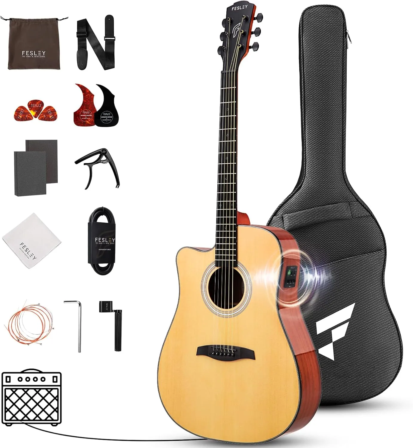 Left Handed Acoustic Electric Guitar Kit, 41 Inch Full Size 6 String Cutaway Acoustic Guitar for Beginner Adults, Guitarra Electroacústica with Steel String, Built-in EQ, Gig Bag, Capo, Strap