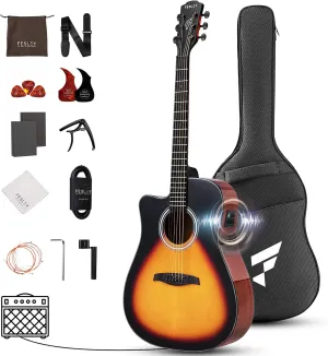 Left Handed Acoustic Electric Guitar Kit, 41 Inch Full Size 6 String Cutaway Acoustic Guitar for Beginner Adults, Guitarra Electroacústica with Steel String, Built-in EQ, Gig Bag, Capo, Strap