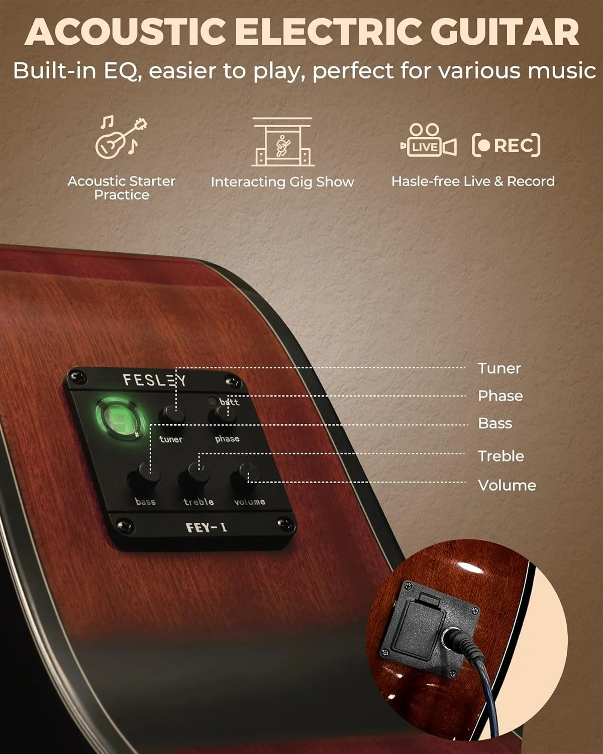 Left Handed Acoustic Electric Guitar Kit, 41 Inch Full Size 6 String Cutaway Acoustic Guitar for Beginner Adults, Guitarra Electroacústica with Steel String, Built-in EQ, Gig Bag, Capo, Strap