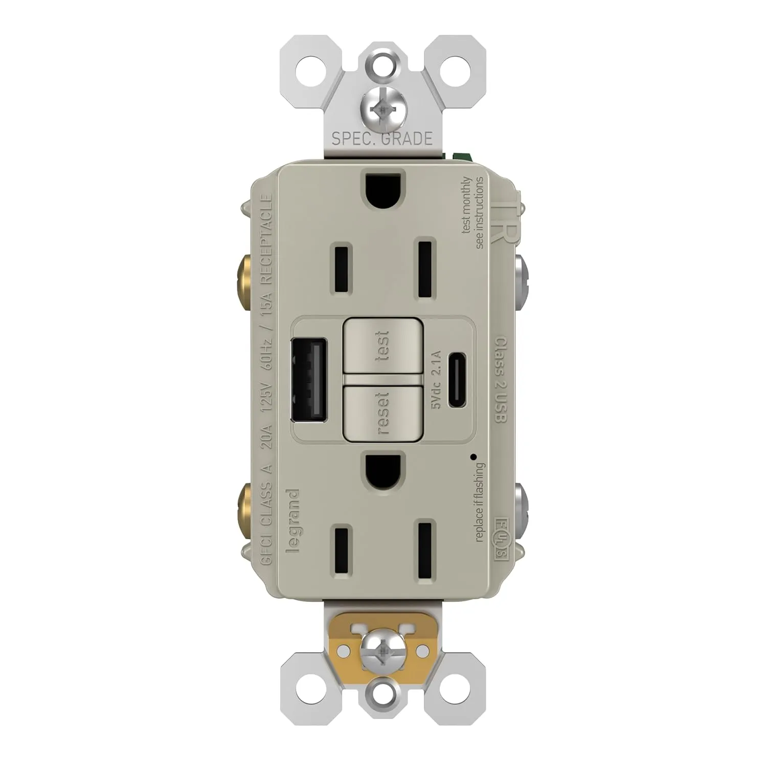 Legrand Pass & Seymour Radiant 15 Amp GFCI Wall Power Outlet with 2.0 Amp USB Charger, Graphite
