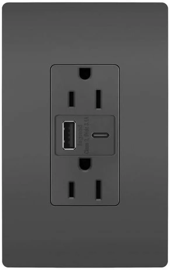 Legrand Pass & Seymour Radiant 15 Amp Wall Power Outlet with 3.1 Amp USB Charger, Black