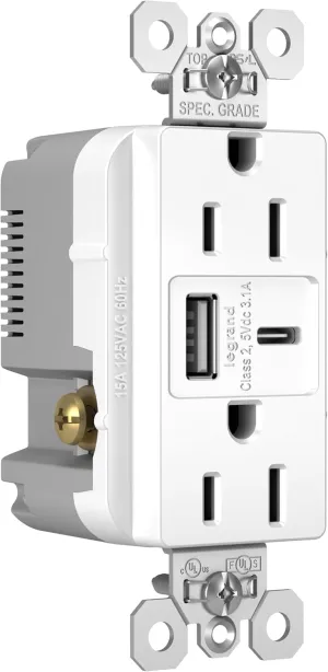 Legrand Pass & Seymour Radiant 15 Amp Wall Power Outlet with 3.1 Amp USB Charger, White