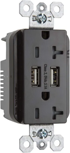 Legrand Pass & Seymour Radiant 20 Amp Fed Spec-Grade Wall Power Outlet with 3.1 Amp USB A Charger, Brown