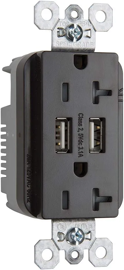 Legrand Pass & Seymour Radiant 20 Amp Fed Spec-Grade Wall Power Outlet with 3.1 Amp USB A Charger, Brown