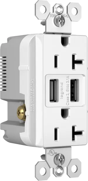 Legrand Pass & Seymour Radiant 20 Amp Fed Spec-Grade Wall Power Outlet with 3.1 Amp USB A Charger, White