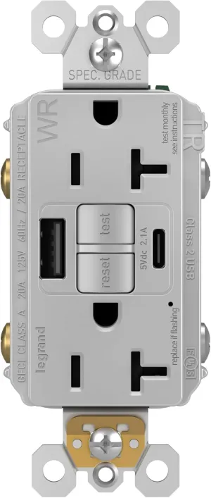 Legrand Pass & Seymour Radiant 20 Amp Hospital-Grade GFCI Wall Power Outlet with 2.0 Amp USB Charger, Gray