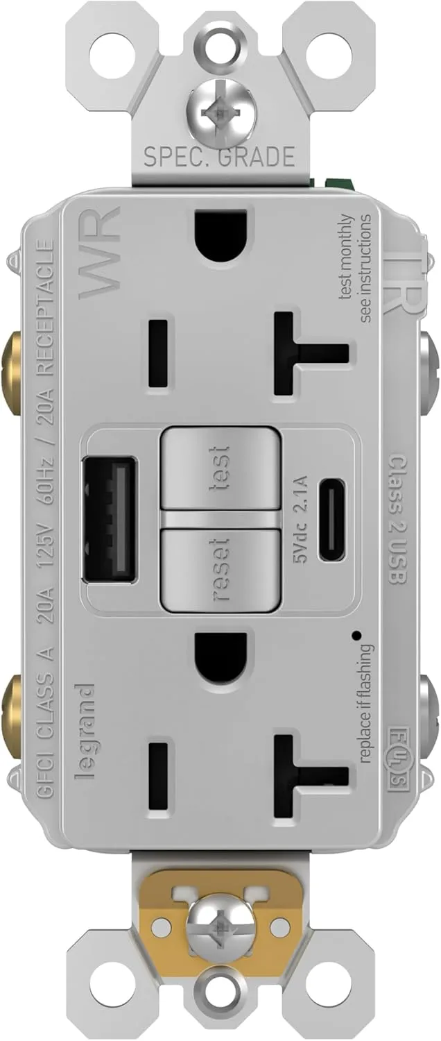 Legrand Pass & Seymour Radiant 20 Amp Hospital-Grade GFCI Wall Power Outlet with 2.0 Amp USB Charger, Gray