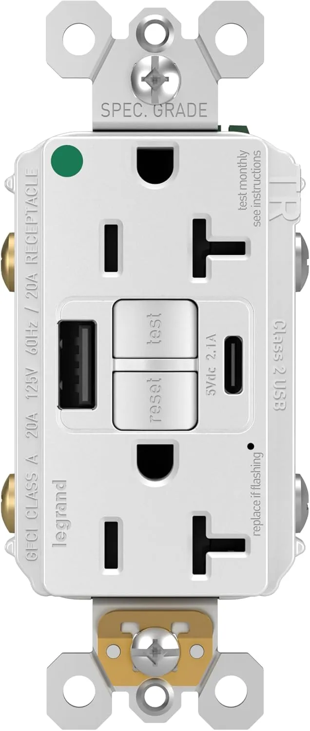 Legrand Pass & Seymour Radiant 20 Amp Hospital-Grade GFCI Wall Power Outlet with 2.0 Amp USB Charger, White