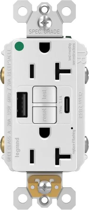 Legrand Pass & Seymour Radiant 20 Amp Hospital-Grade GFCI Wall Power Outlet with 2.0 Amp USB Charger, White